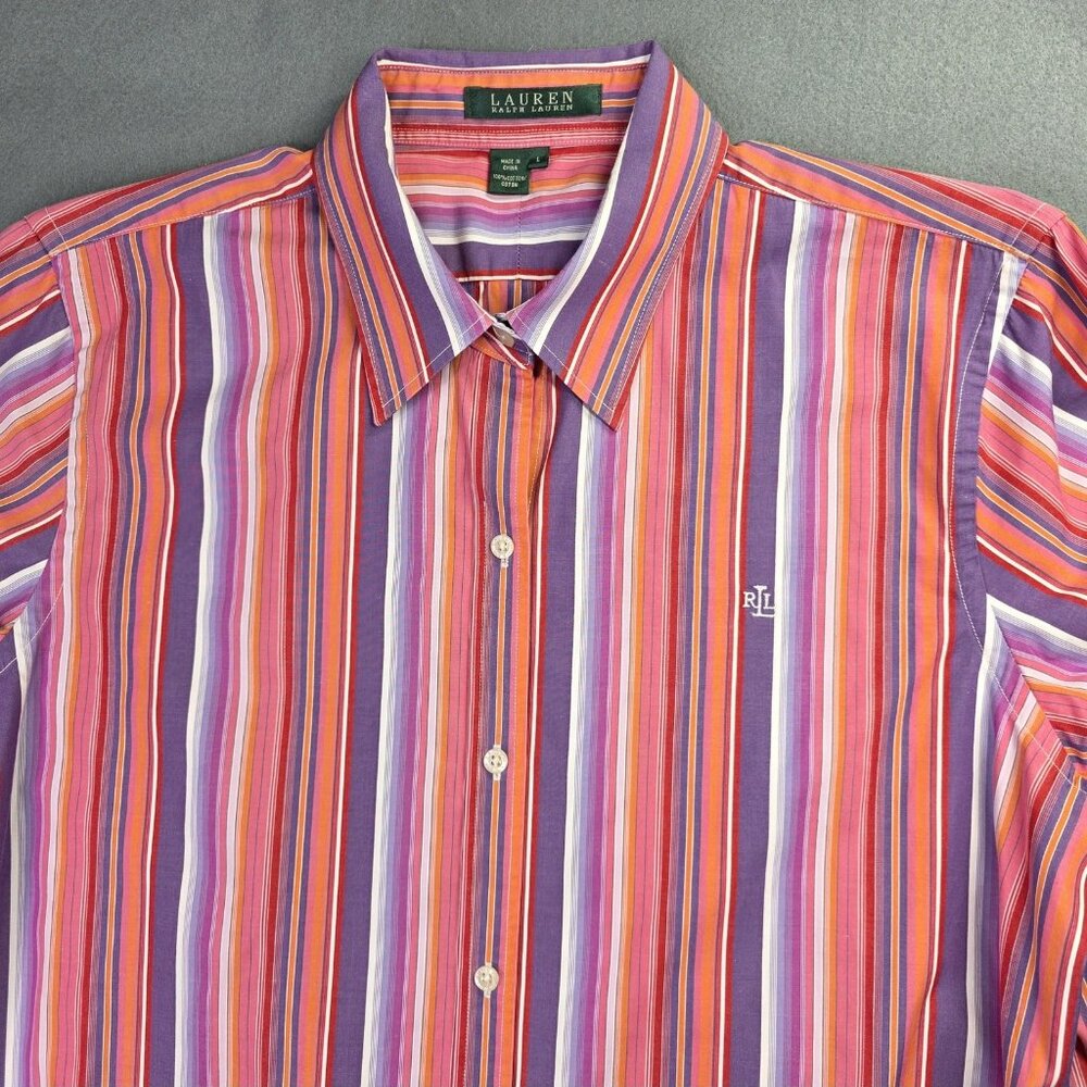 Ralph Lauren Shirt Womens Large Pink Stripe Preppy Office Casual Lightweight - Picture 2 of 11